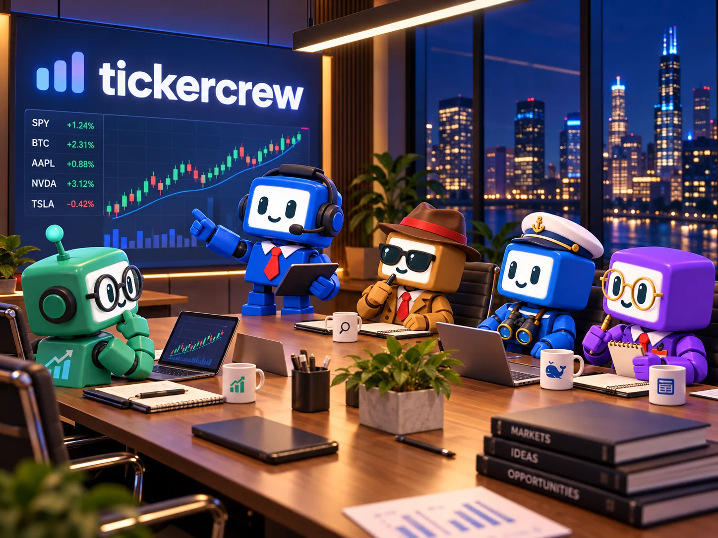 The whole crew around a boardroom table at night: the Desk Chief presents a chart while the Chartist, Detective, Whale Watcher and Newshound take notes, with a city skyline behind them.