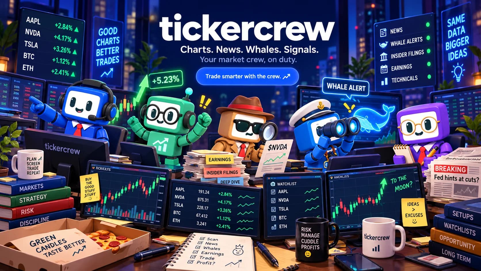 The whole TickerCrew at a busy night-time trading desk, surrounded by charts, filings, headlines and a whale alert.
